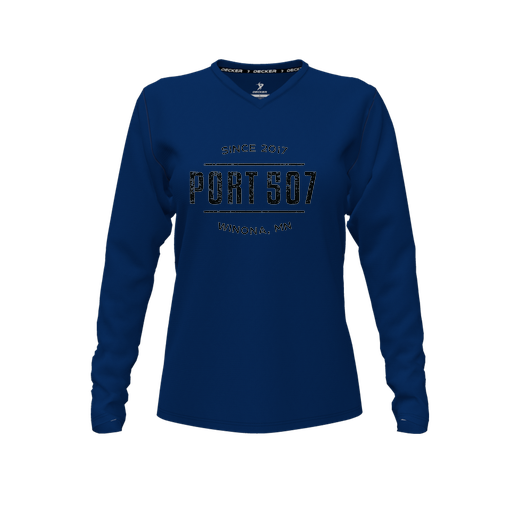 [FTLVPTNV-FYXS-LOGO1] Decker Performance T-Shirt (Female Youth XS, Navy, V Neck, Logo 1, Long Sleeve)